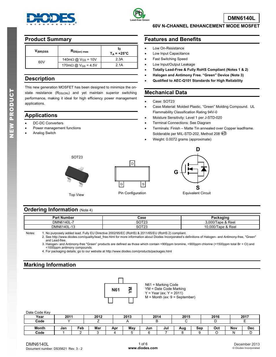 Diodes DMN6140L User Manual | 6 pages
