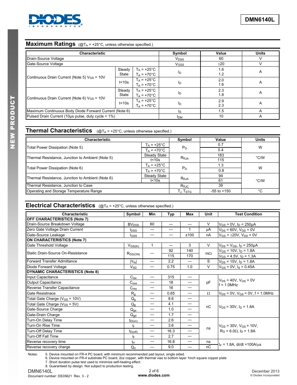 Dmn6140l new prod uc t new prod uc t, Maximum ratings, Thermal characteristics | Electrical characteristics, Dmn6140l | Diodes DMN6140L User Manual | Page 2 / 6