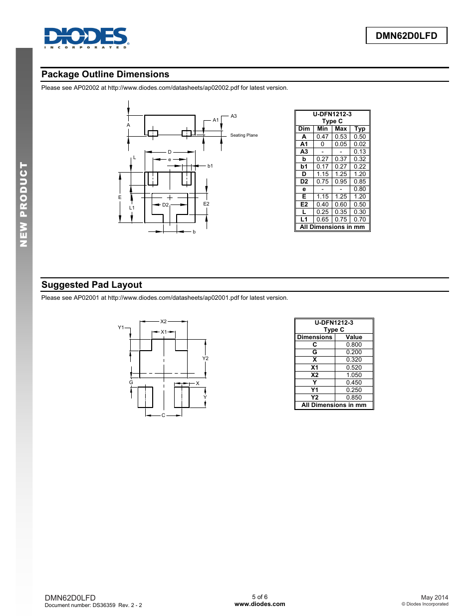 Package outline dimensions, Suggested pad layout | Diodes DMN62D0LFD User Manual | Page 5 / 6