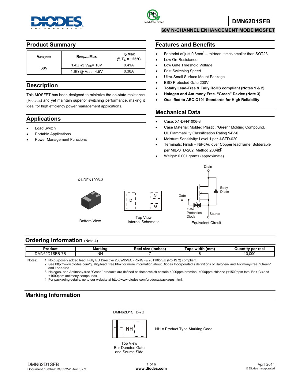 Diodes DMN62D1SFB User Manual | 6 pages