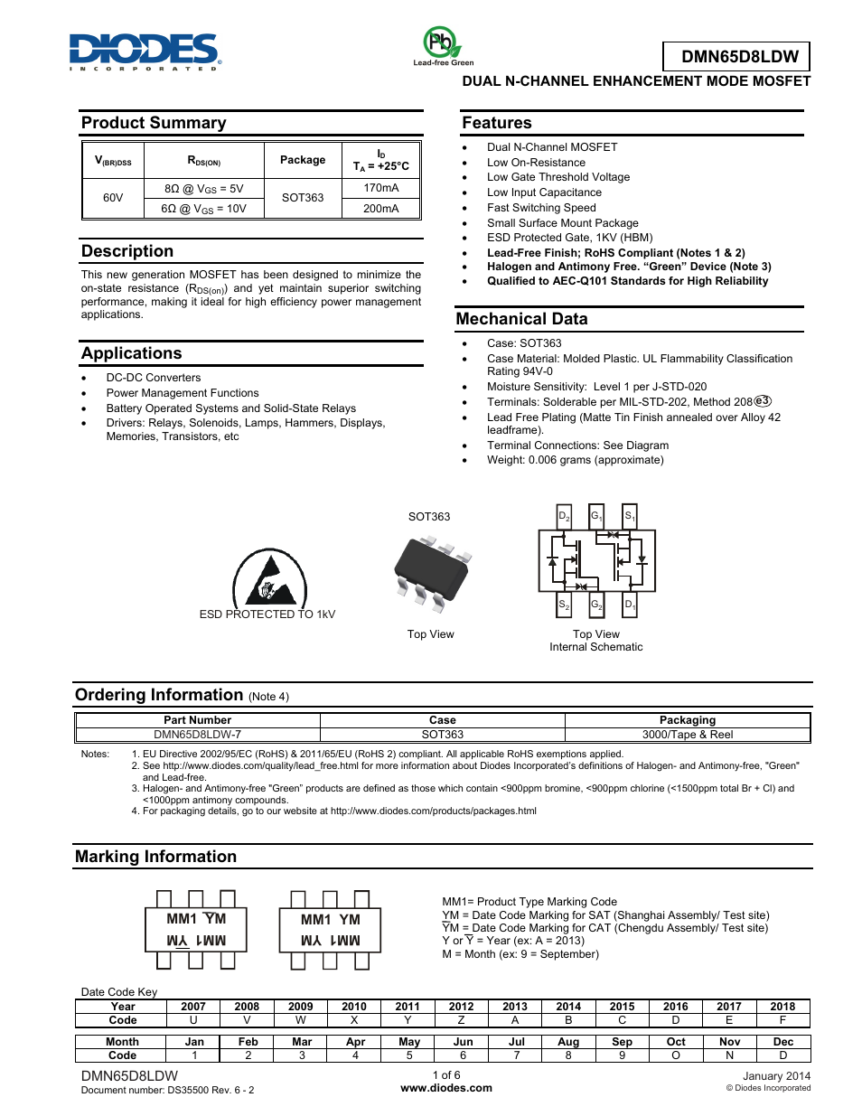 Diodes DMN65D8LDW User Manual | 6 pages