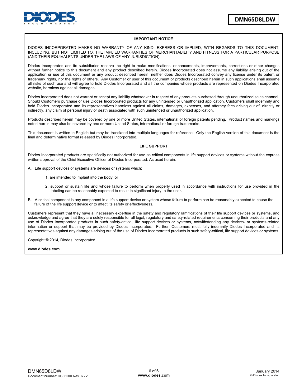 Dmn65d8ldw new prod uc t | Diodes DMN65D8LDW User Manual | Page 6 / 6