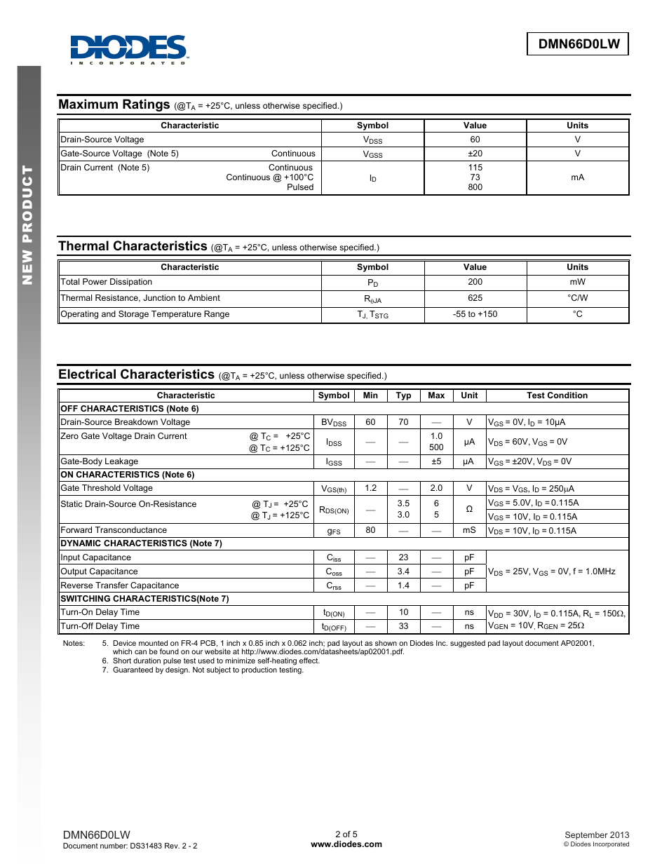 Dmn66d0lw new prod uc t, Maximum ratings, Thermal characteristics | Electrical characteristics, Dmn66d0lw | Diodes DMN66D0LW User Manual | Page 2 / 5
