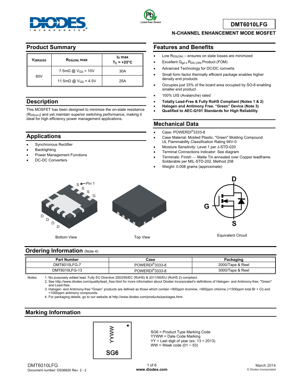 Diodes DMT6010LFG User Manual | 6 pages