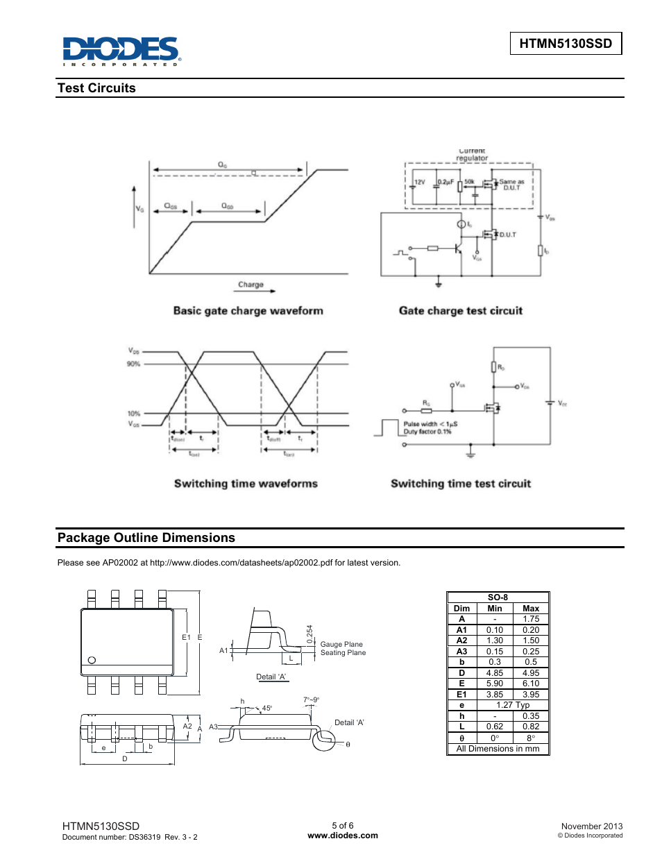 Test circuits, Package outline dimensions | Diodes HTMN5130SSD User Manual | Page 5 / 6