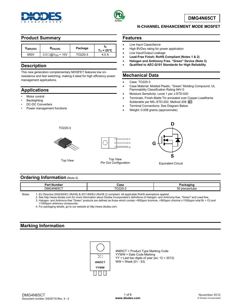 Diodes DMG4N65CT User Manual | 6 pages