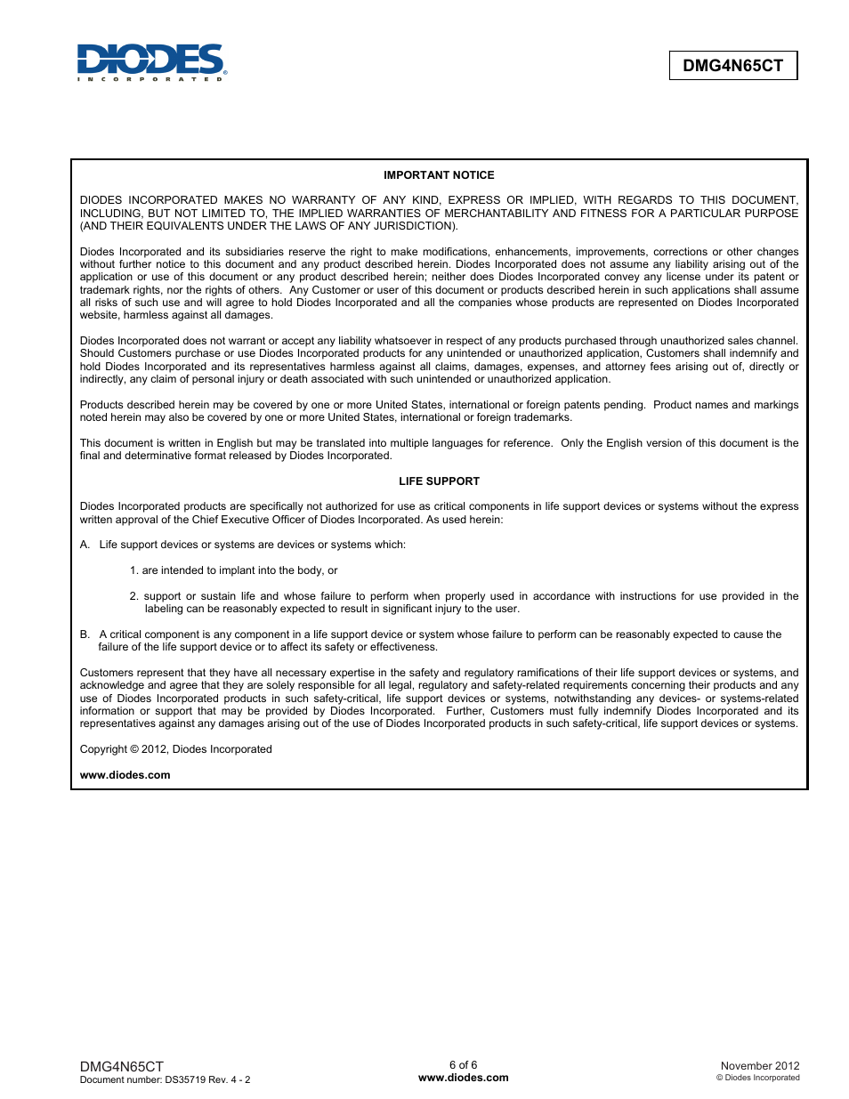 Diodes DMG4N65CT User Manual | Page 6 / 6