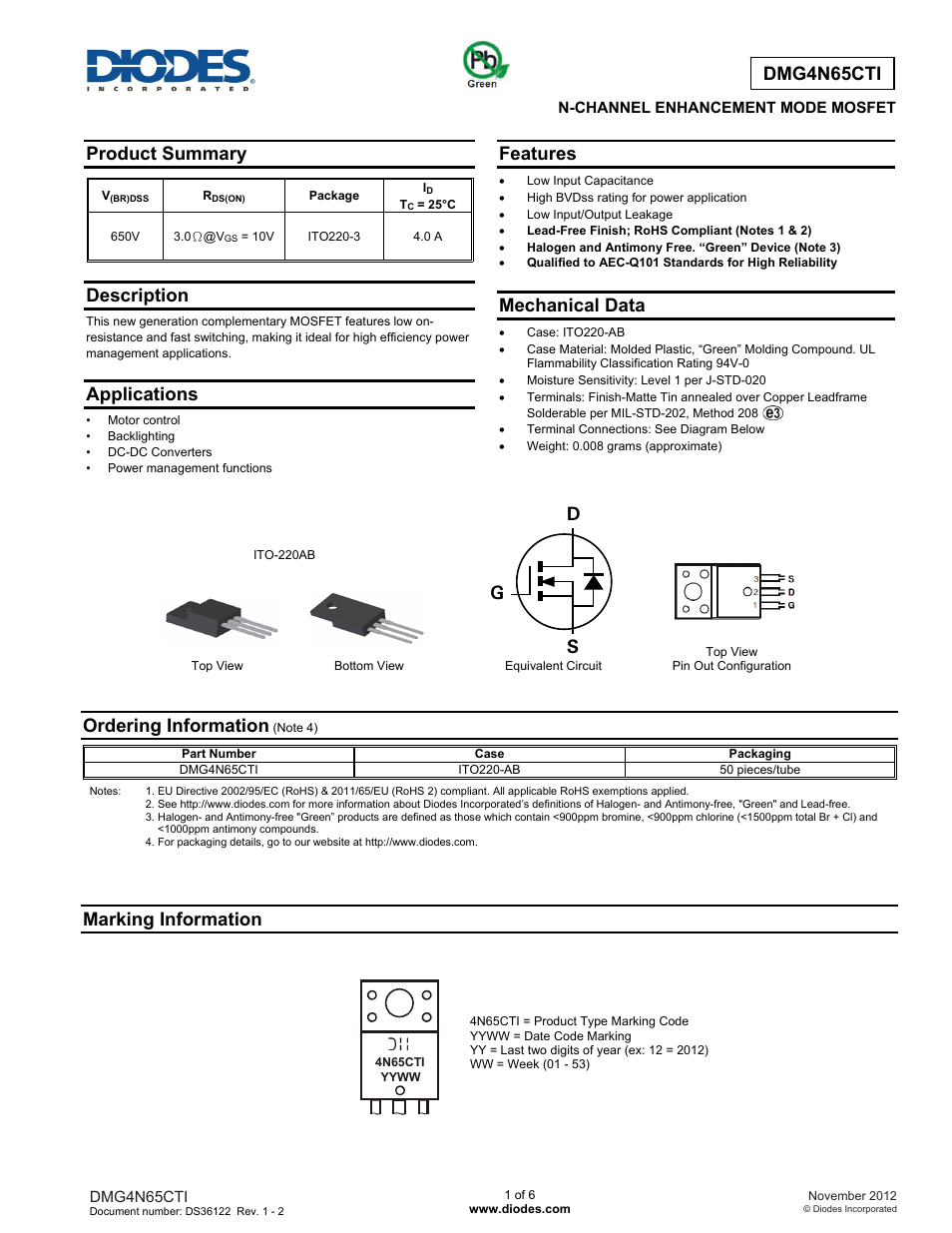 Diodes DMG4N65CTI User Manual | 6 pages