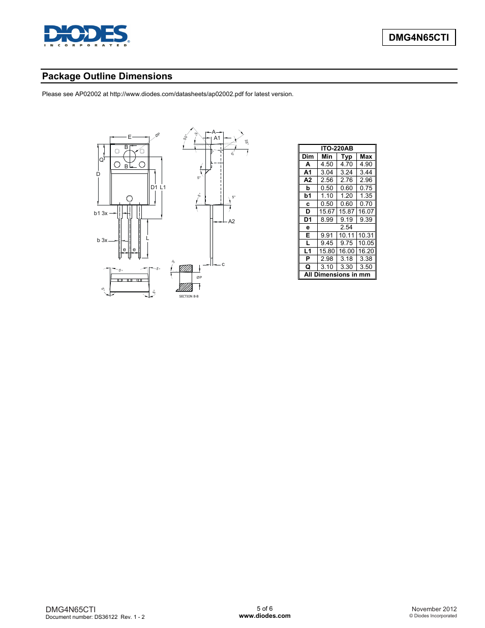 Package outline dimensions, Dmg4n65cti | Diodes DMG4N65CTI User Manual | Page 5 / 6