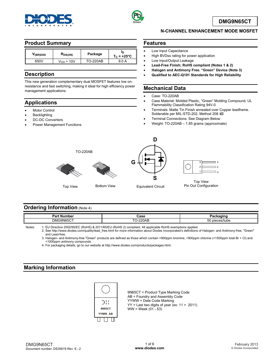 Diodes DMG9N65CT User Manual | 6 pages