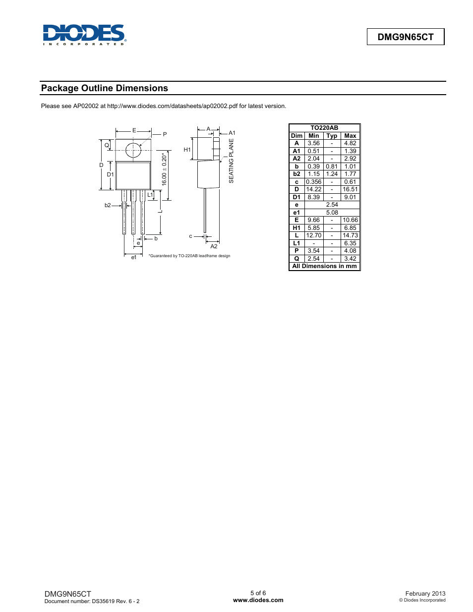 Dmg9n65ct, Package outline dimensions | Diodes DMG9N65CT User Manual | Page 5 / 6