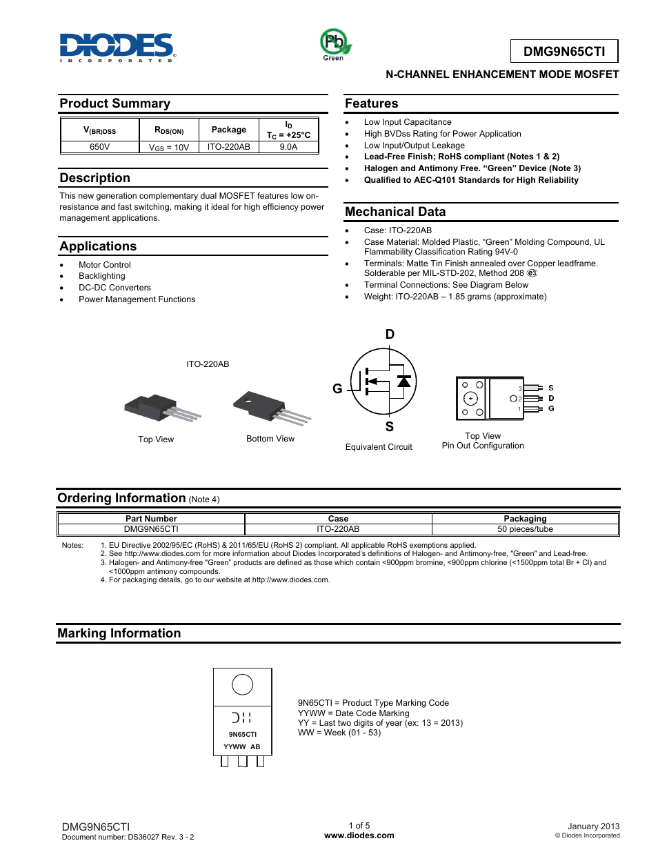Diodes DMG9N65CTI User Manual | 5 pages