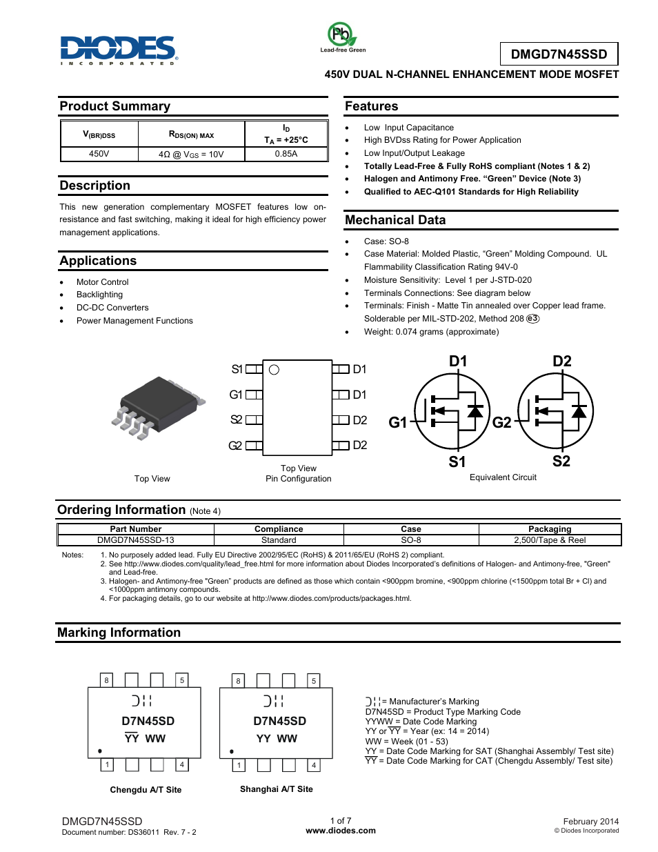 Diodes DMGD7N45SSD User Manual | 7 pages