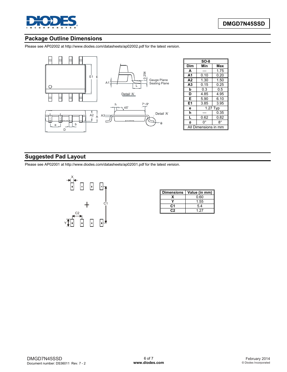 Dmgd7n45ssd new prod uc t, Package outline dimensions, Suggested pad layout | Diodes DMGD7N45SSD User Manual | Page 6 / 7