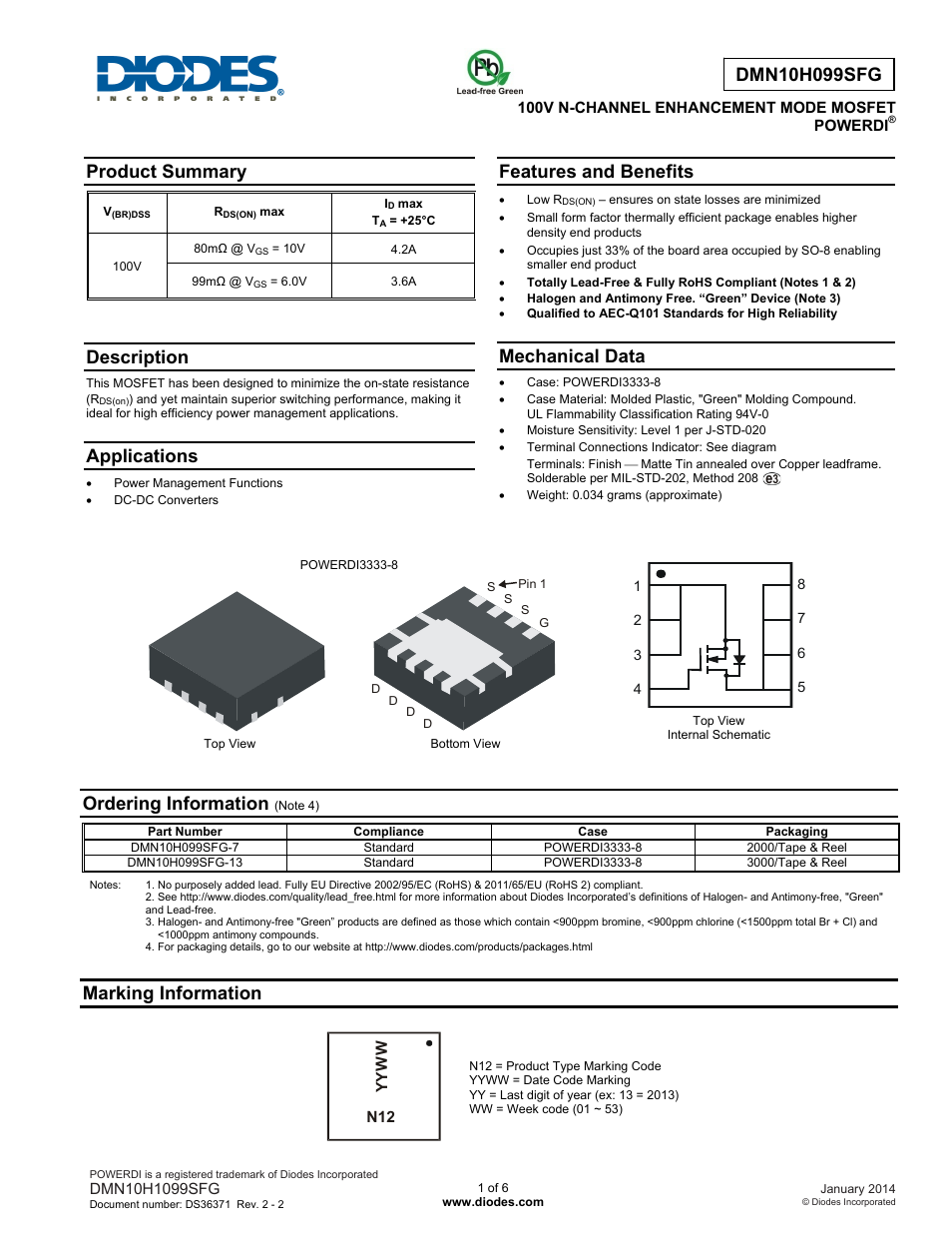 Diodes DMN10H099SFG User Manual | 6 pages