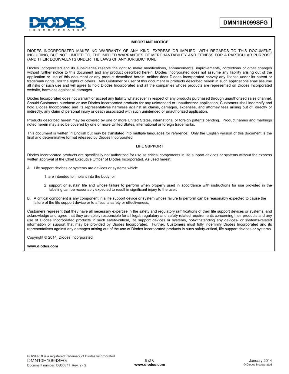 Diodes DMN10H099SFG User Manual | Page 6 / 6