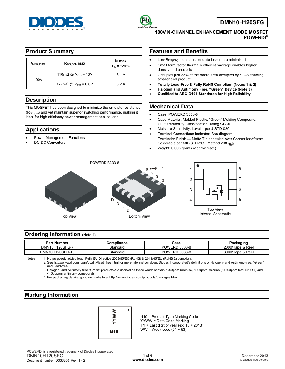 Diodes DMN10H120SFG User Manual | 6 pages