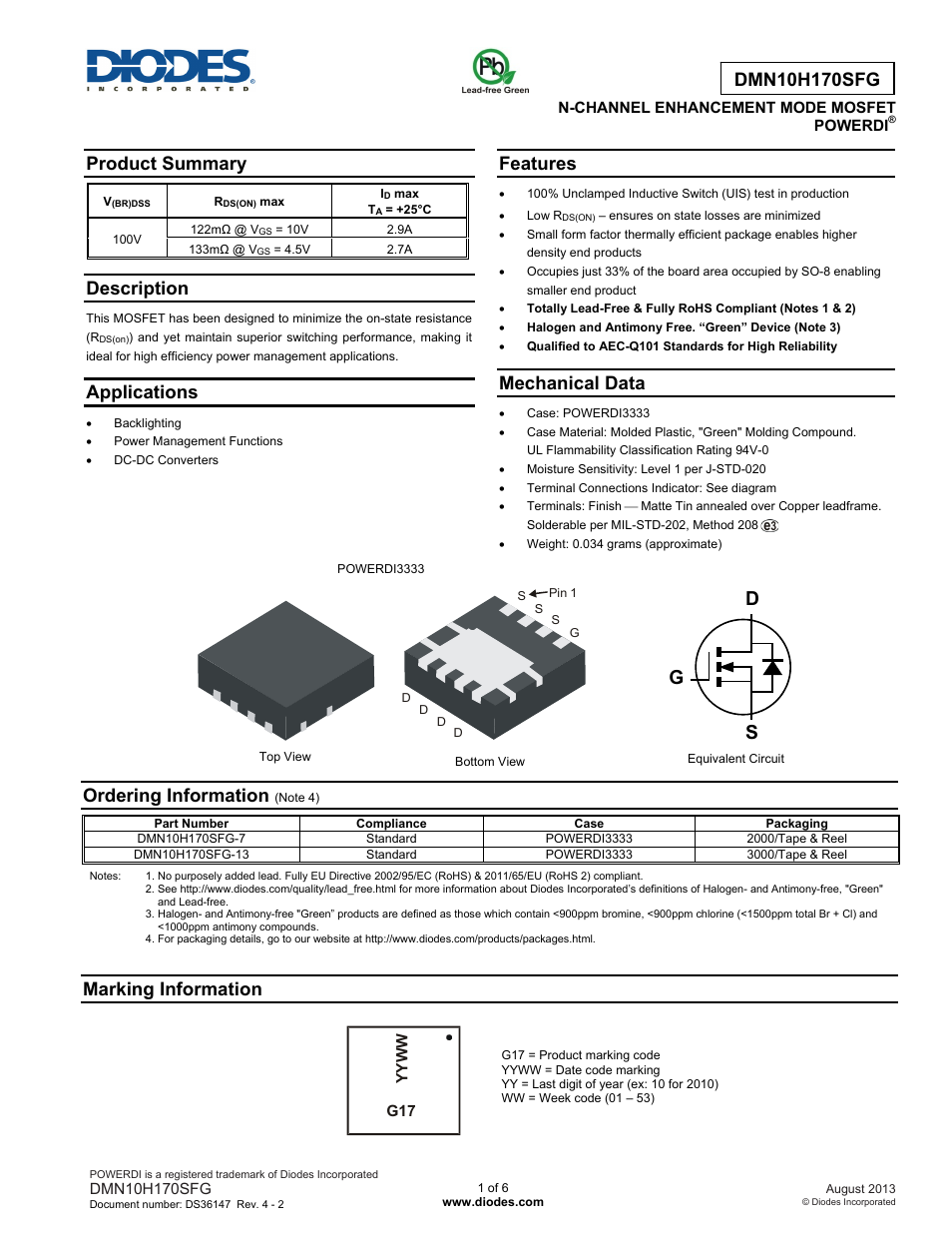 Diodes DMN10H170SFG User Manual | 6 pages