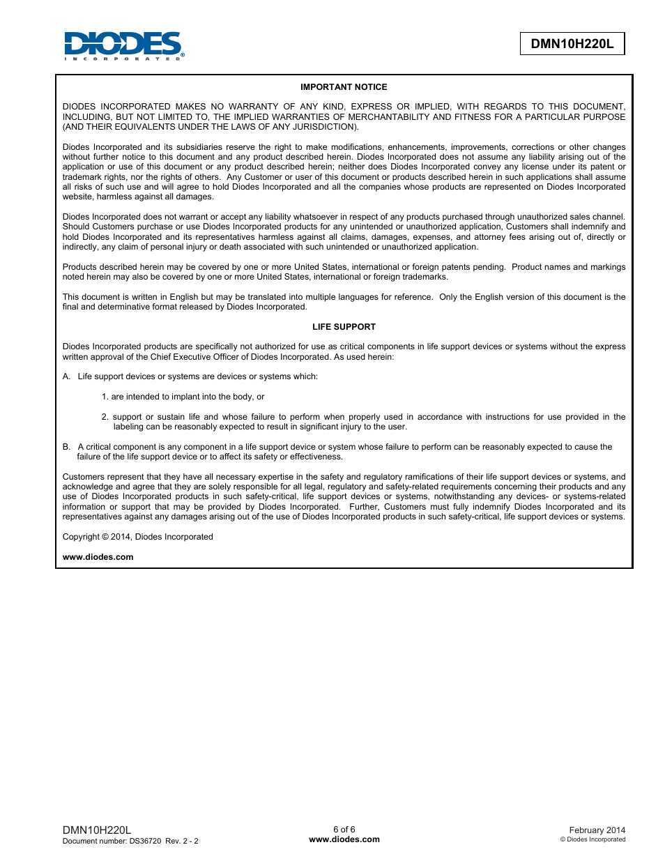 Diodes DMN10H220L User Manual | Page 6 / 6