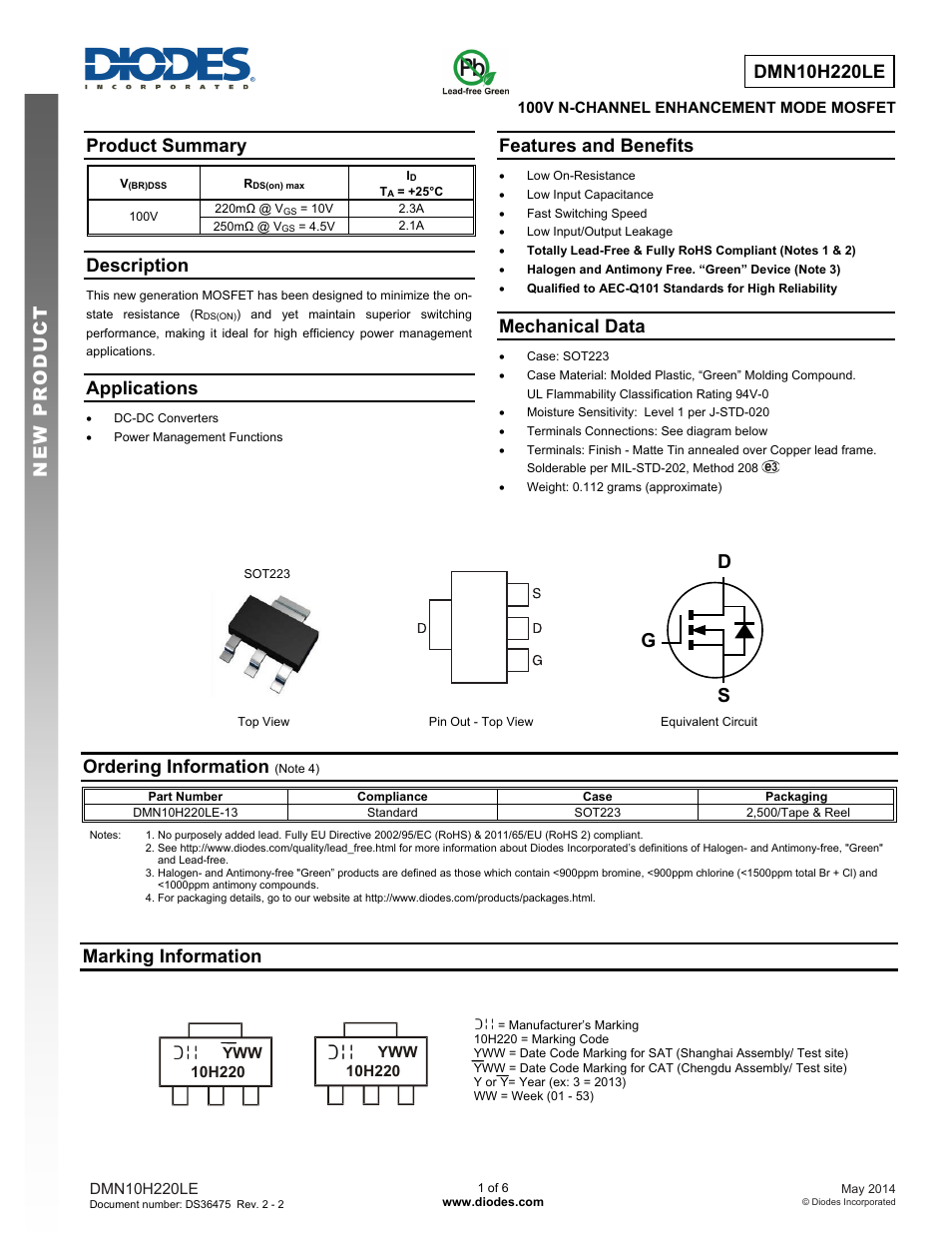 Diodes DMN10H220LE User Manual | 6 pages