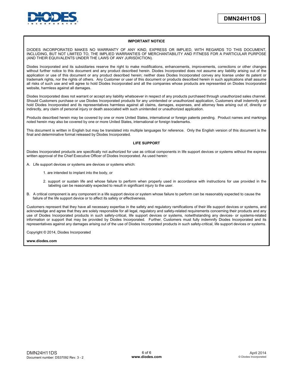 Dmn24h11ds advanced information | Diodes DMN24H11DS User Manual | Page 6 / 6