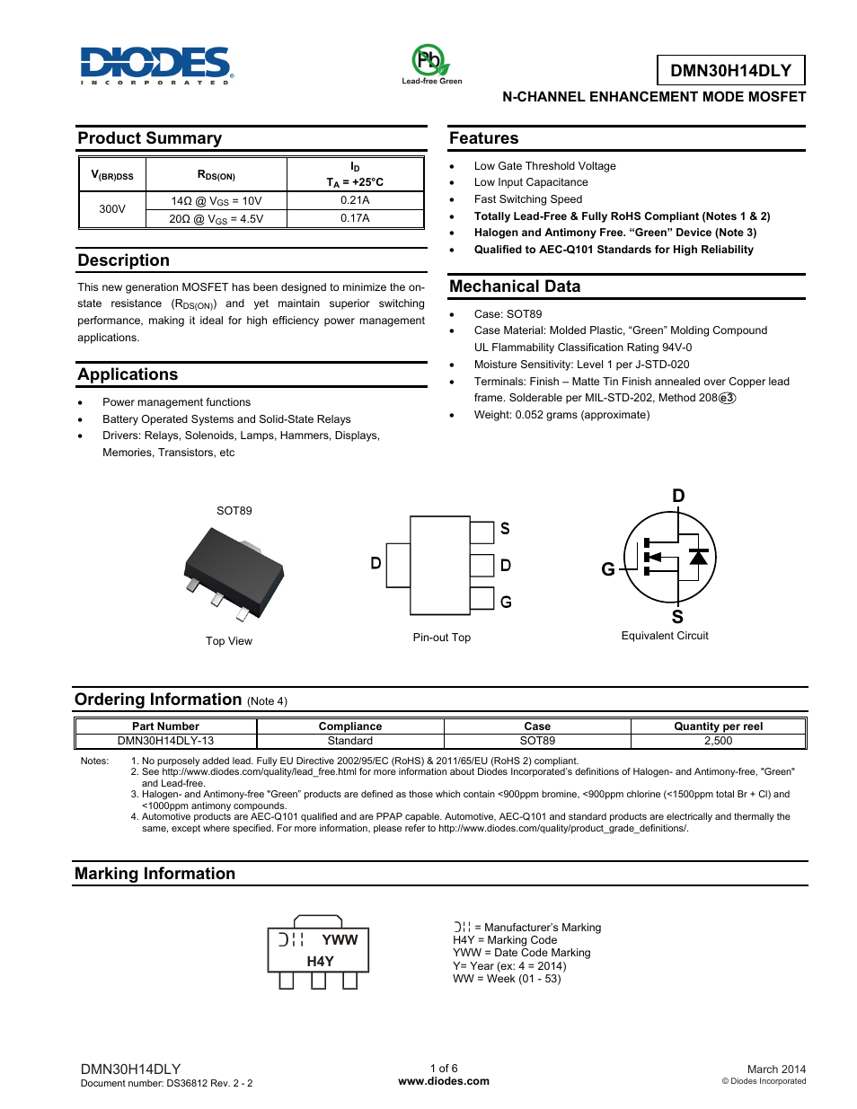 Diodes DMN30H14DLY User Manual | 6 pages