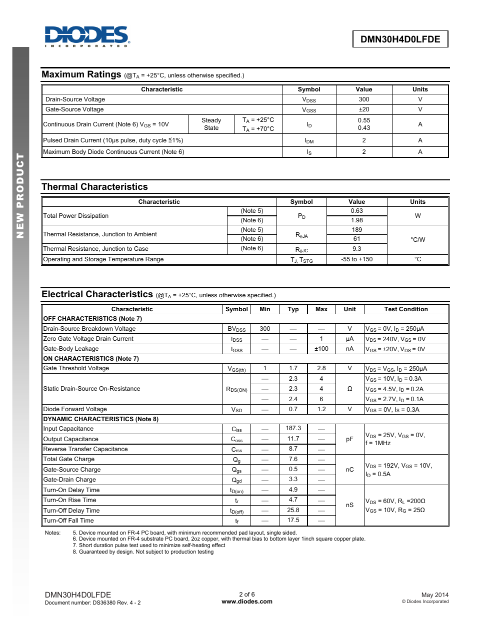 Dmn30h4d0lfde new prod uc t, Maximum ratings, Thermal characteristics | Electrical characteristics, Dmn30h4d0lfde | Diodes DMN30H4D0LFDE User Manual | Page 2 / 6