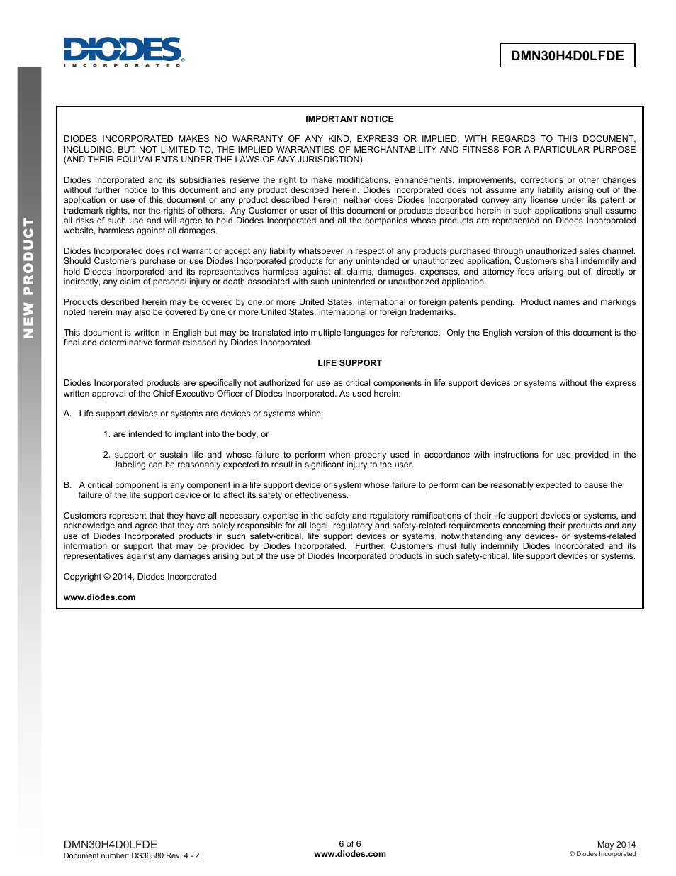 Dmn30h4d0lfde new prod uc t | Diodes DMN30H4D0LFDE User Manual | Page 6 / 6