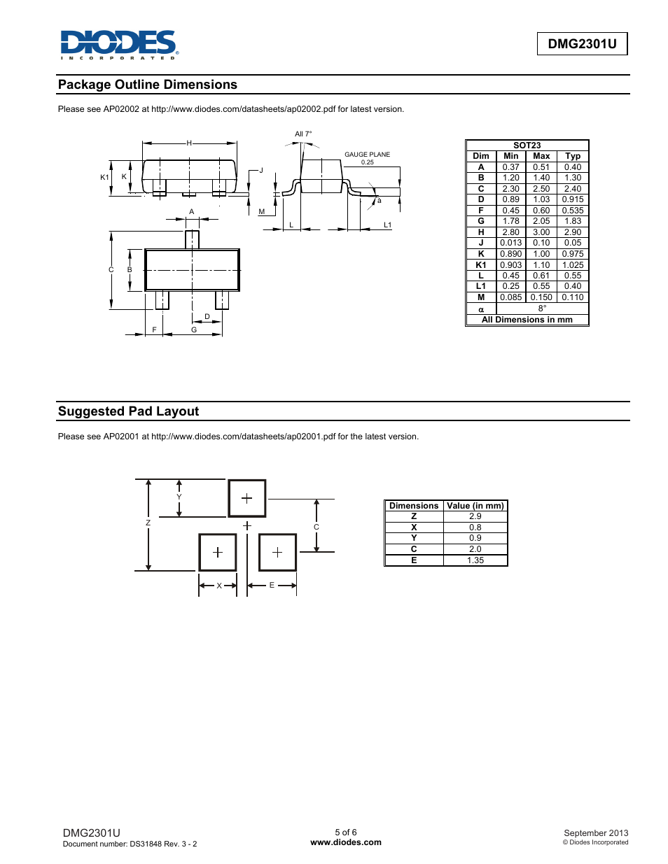 Dmg2301u new prod uc t, Package outline dimensions, Suggested pad layout | Diodes DMG2301U User Manual | Page 5 / 6