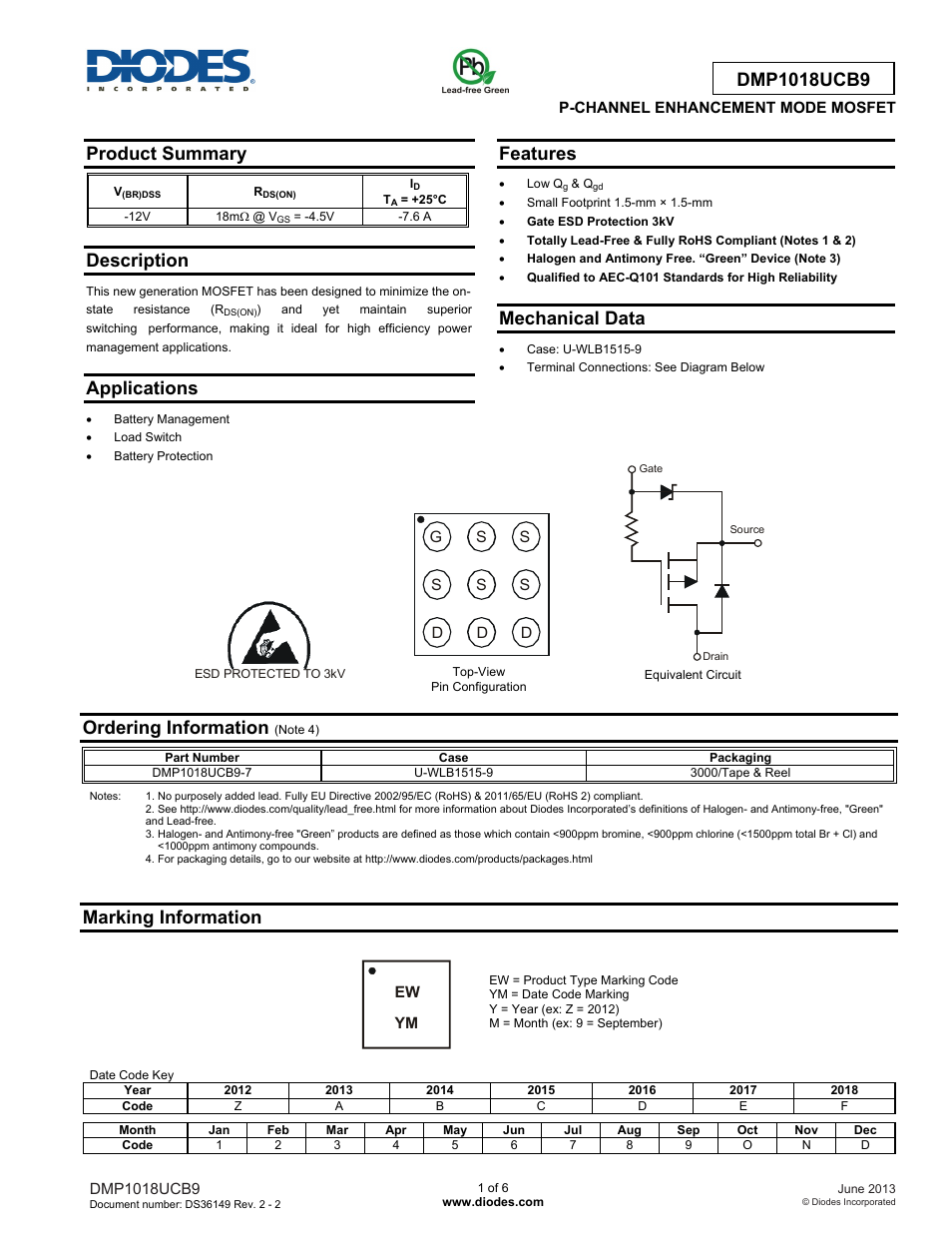 Diodes DMP1018UCB9 User Manual | 6 pages