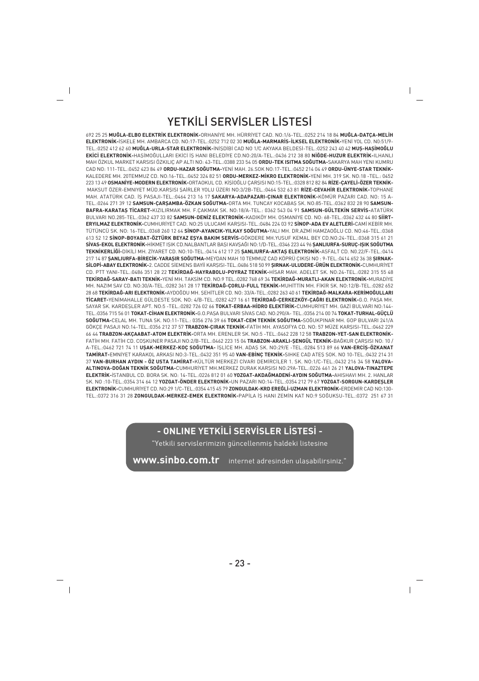 Yetk‹l‹ serv‹sler l‹stes | SINBO SBS 4418 User Manual | Page 24 / 28