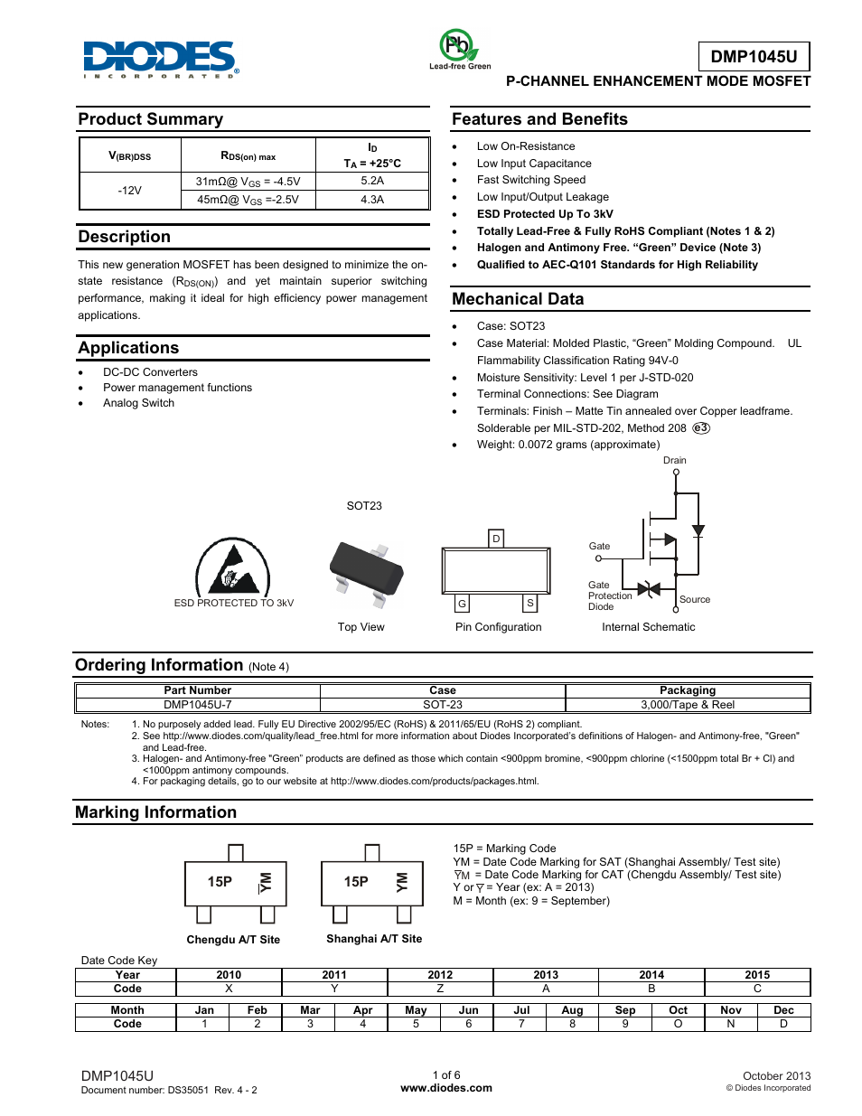 Diodes DMP1045U User Manual | 6 pages