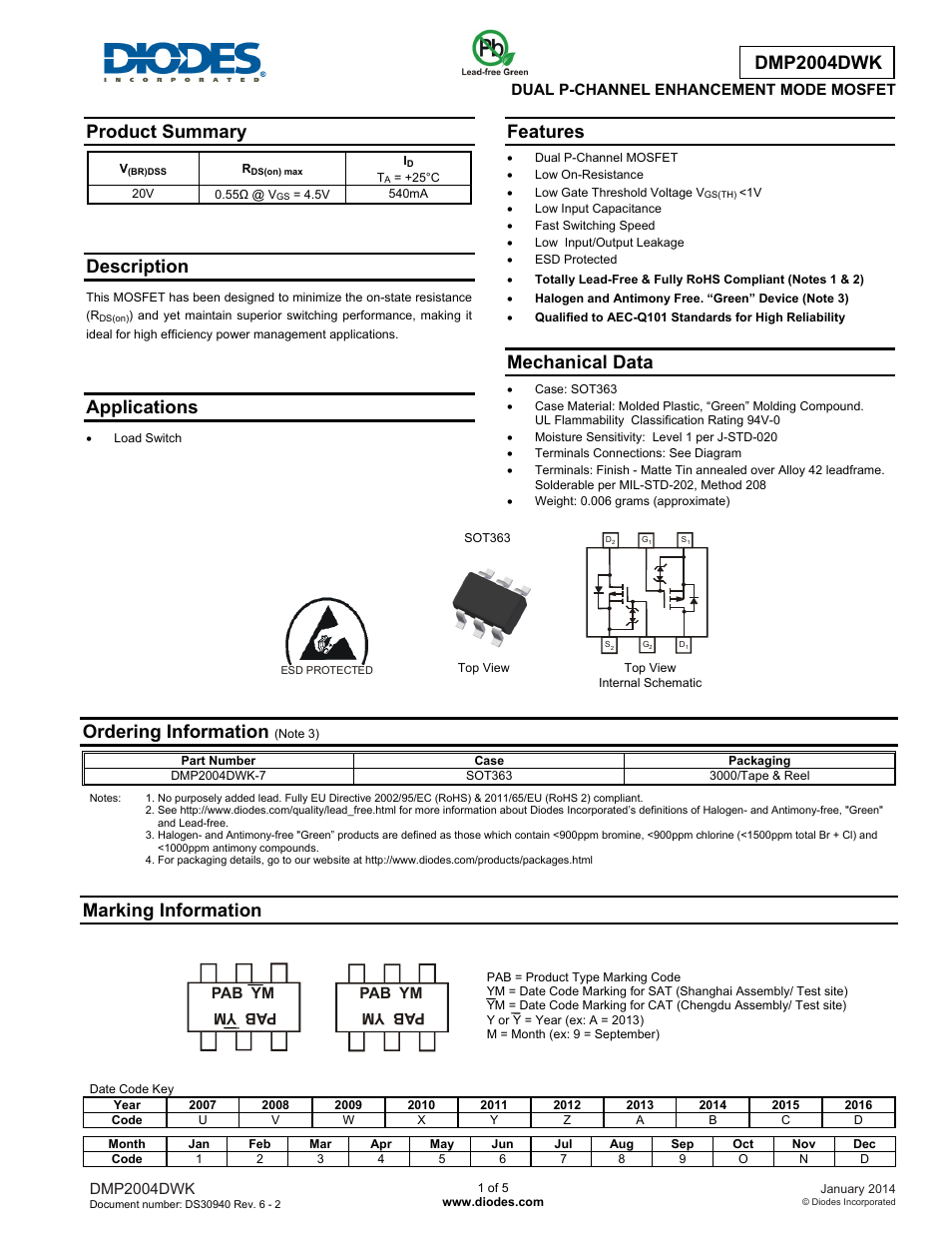 Diodes DMP2004DWK User Manual | 5 pages