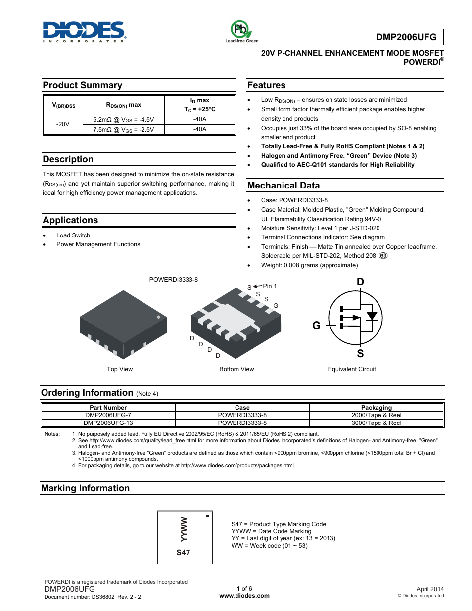 Diodes DMP2006UFG User Manual | 6 pages