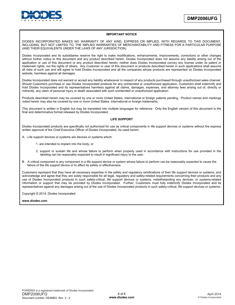 Diodes DMP2006UFG User Manual | Page 6 / 6