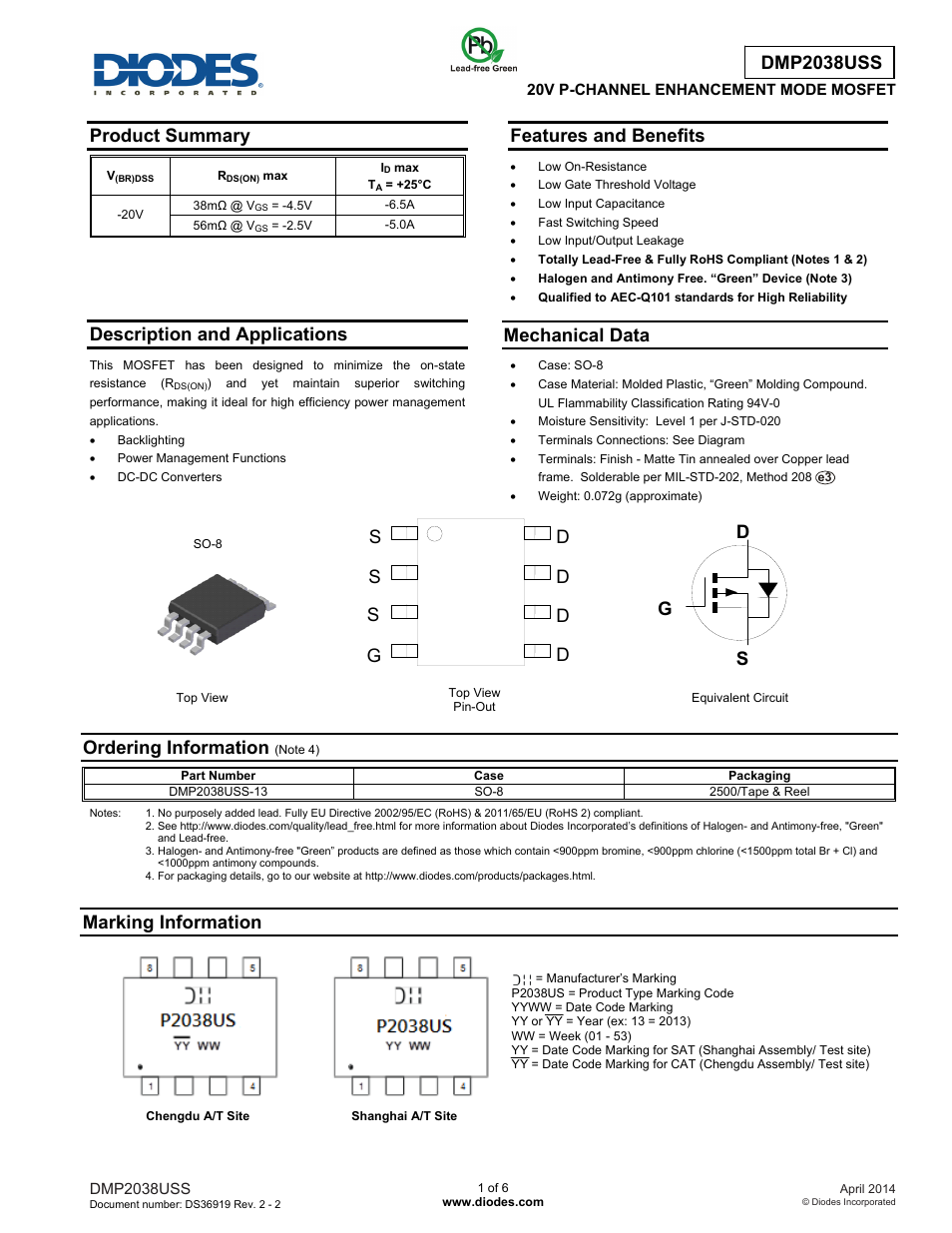 Diodes DMP2038USS User Manual | 6 pages