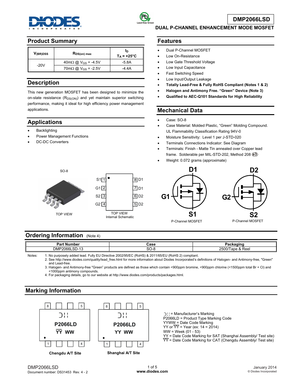 Diodes DMP2066LSD User Manual | 5 pages