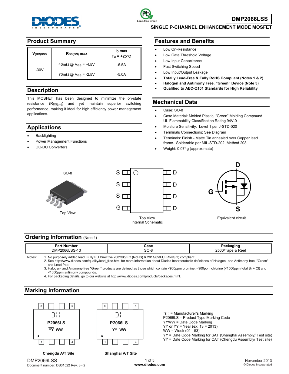 Diodes DMP2066LSS User Manual | 5 pages