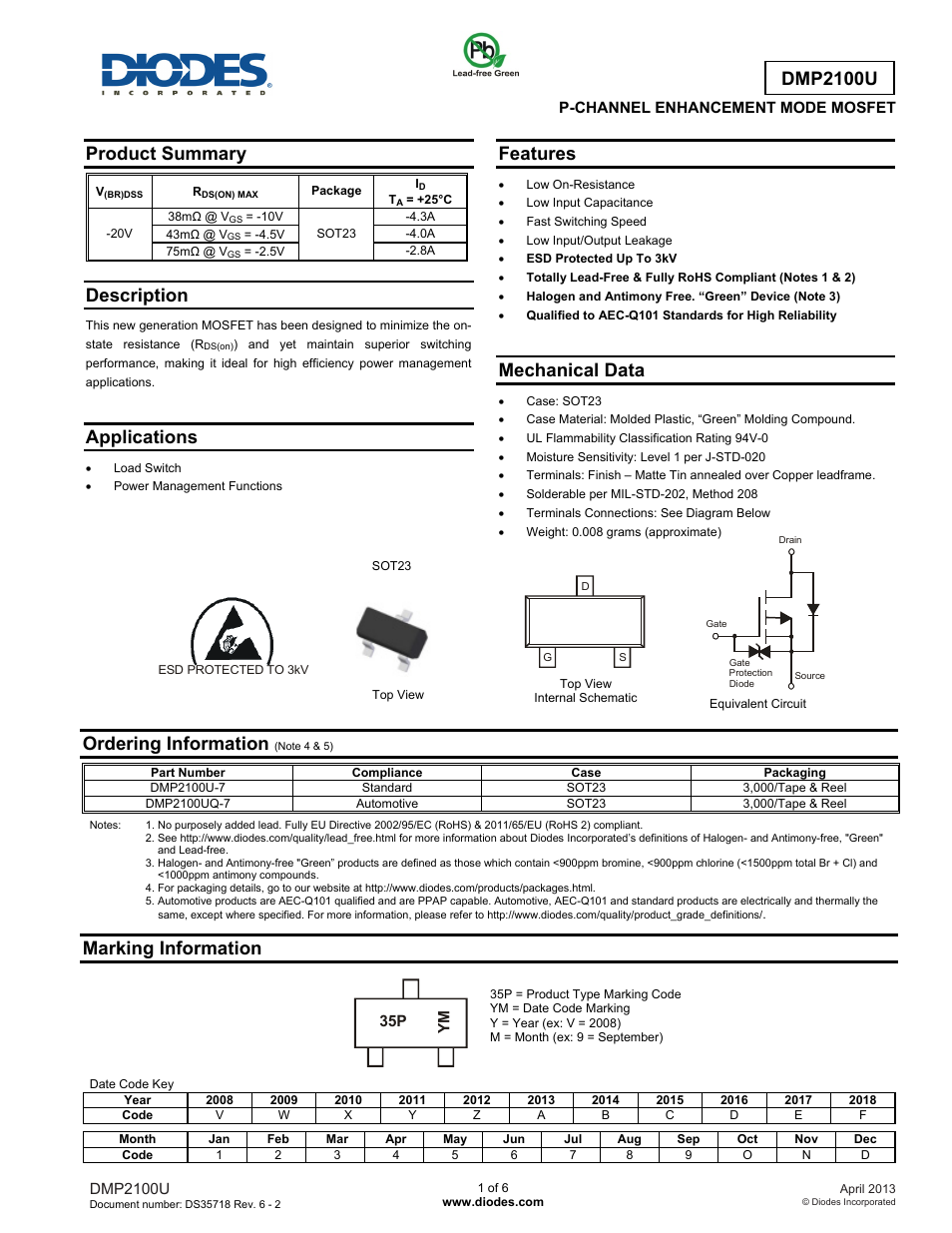 Diodes DMP2100U User Manual | 6 pages