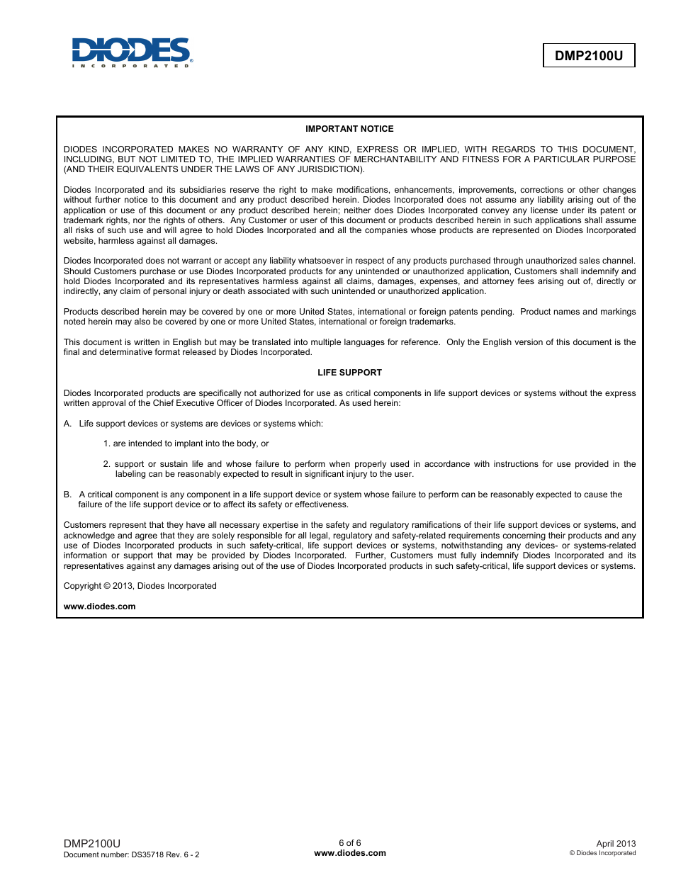 Dmp2100u | Diodes DMP2100U User Manual | Page 6 / 6