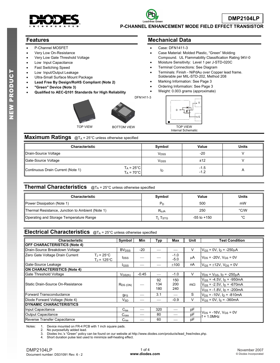 Diodes DMP2104LP User Manual | 4 pages