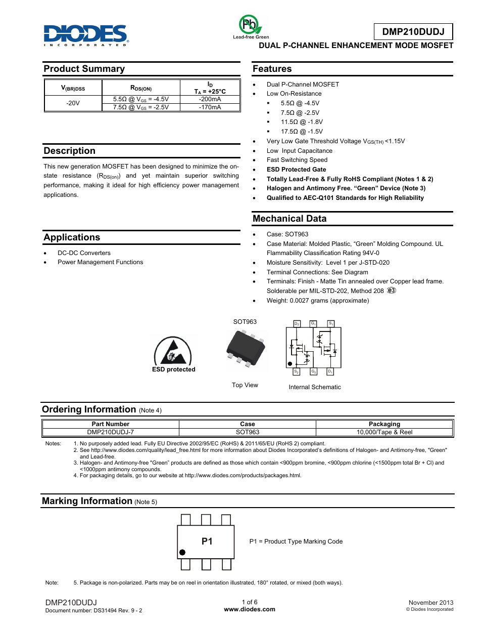 Diodes DMP210DUDJ User Manual | 6 pages