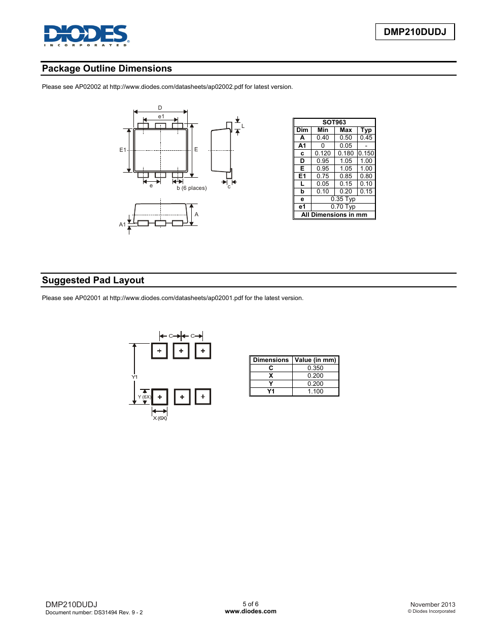Dmp210dudj, Package outline dimensions, Suggested pad layout | Diodes DMP210DUDJ User Manual | Page 5 / 6