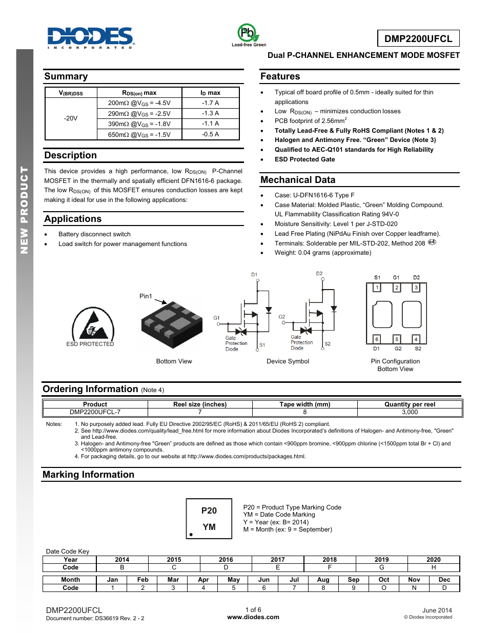 Diodes DMP2200UFCL User Manual | 6 pages