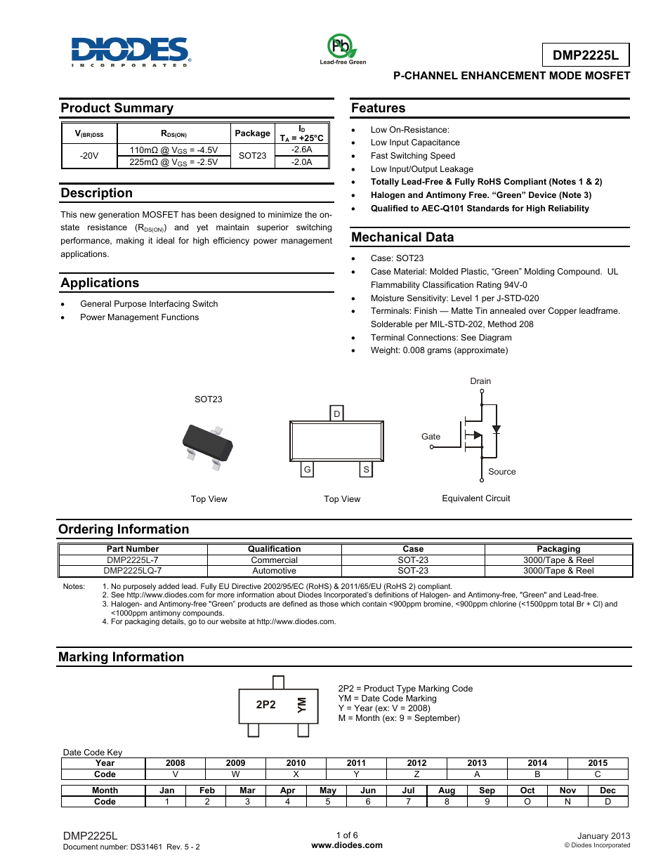 Diodes DMP2225L User Manual | 6 pages