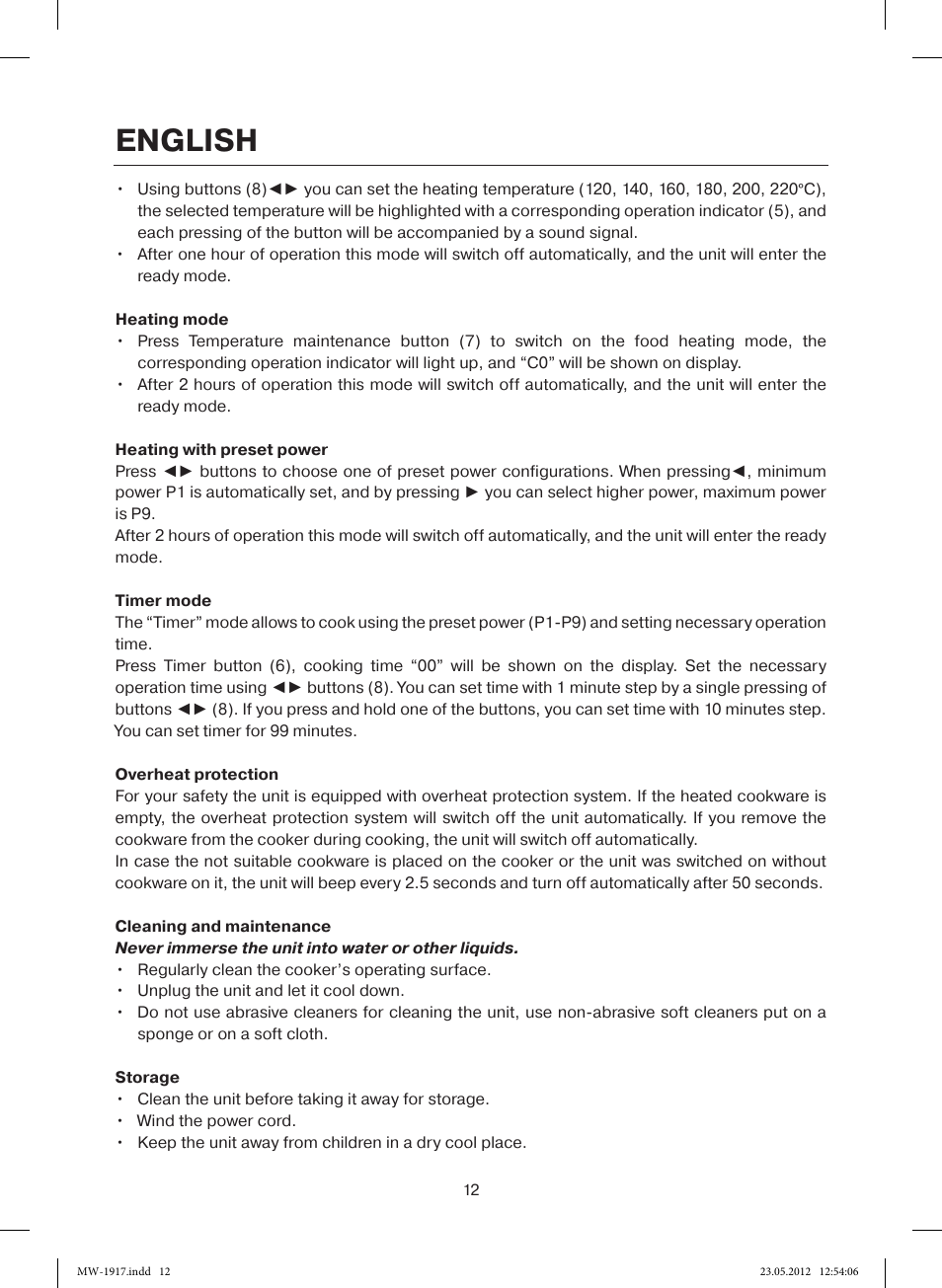 English | MAXWELL MW-1917 BK User Manual | Page 12 / 55