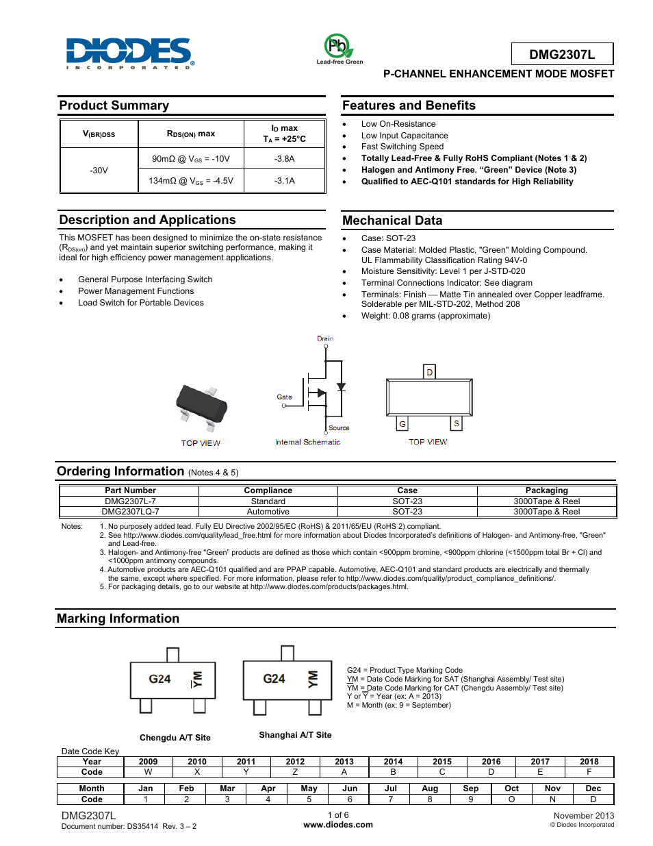 Diodes DMG2307L User Manual | 6 pages