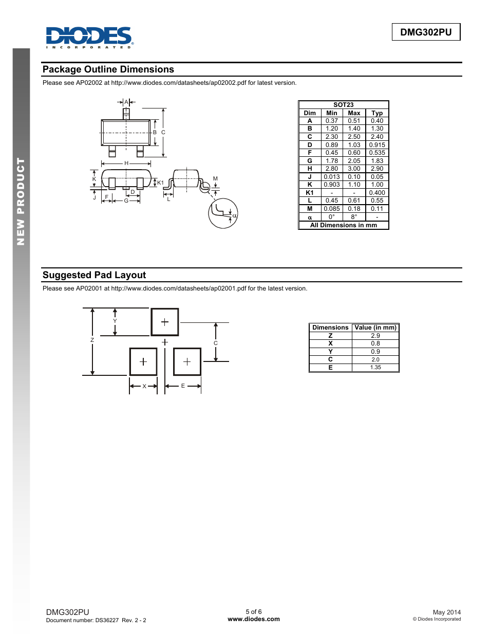 Dmg302pu new prod uc t, Package outline dimensions, Suggested pad layout | Diodes DMG302PU User Manual | Page 5 / 6