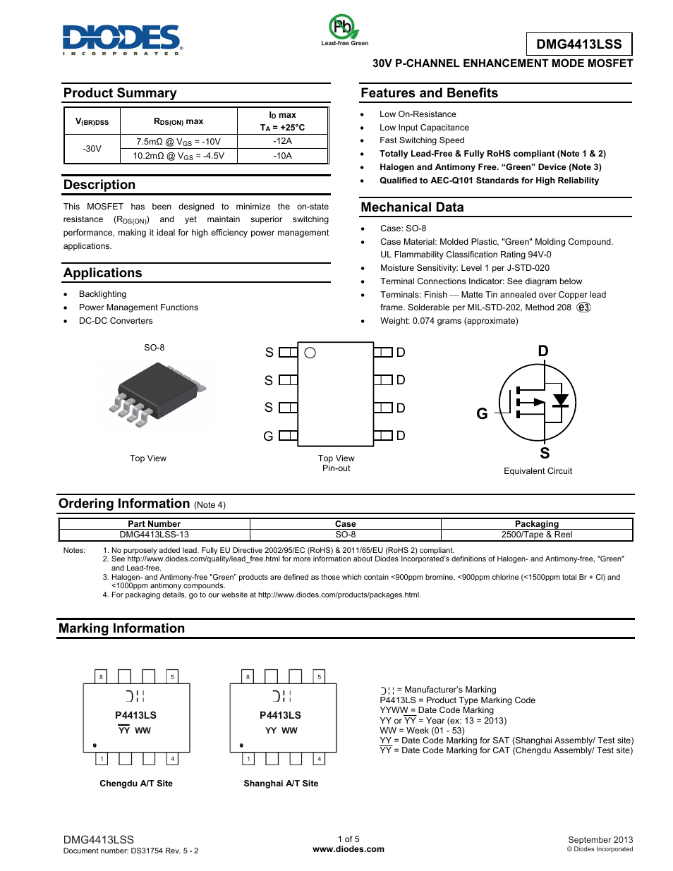 Diodes DMG4413LSS User Manual | 5 pages