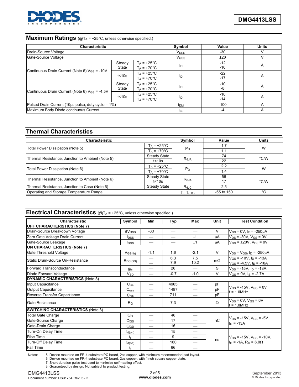 Dmg4413lss new prod uc t, Maximum ratings, Thermal characteristics | Electrical characteristics, Dmg4413lss | Diodes DMG4413LSS User Manual | Page 2 / 5